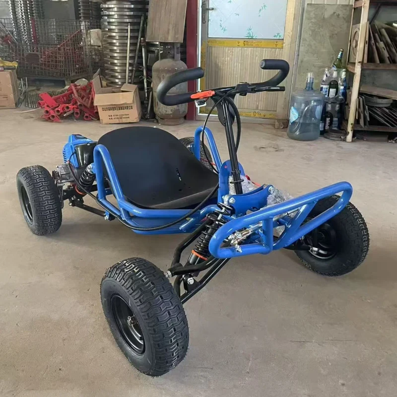 Outdoor Gas Four Wheel Buggy Go Kart Featuring 90cc 2 Stroke Engine 6 Inch Non Slip Tires All Metal Frame Disc