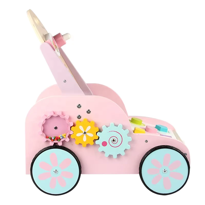Pink Rabbit Educational Wooden Baby Activity Push Walker Car Multifunction Toy with Wheels for Babies