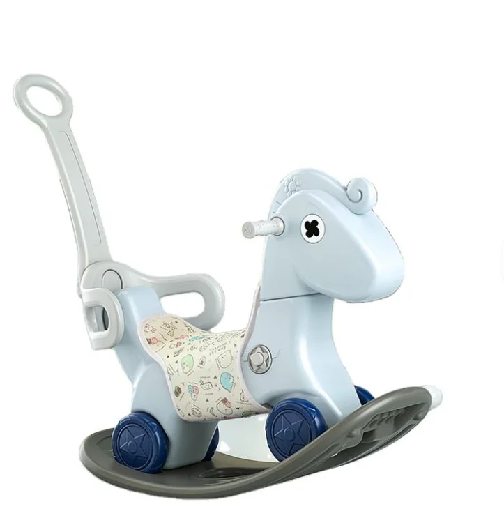 Plastic Ride On Rocking Horse Toy Multifunctional with Backrest and Push Rod Kids Sports Entertainment Animal