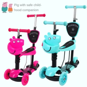 Popular 5 in 1 Mini Kick Scooter for Kids Multifunctional Foldable Plastic 3-Wheel Scooter for Children
