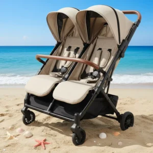 Portable One Key Folding Twin Baby Stroller Lightweight Aluminum Alloy Frame with Fabric Baby Trolley