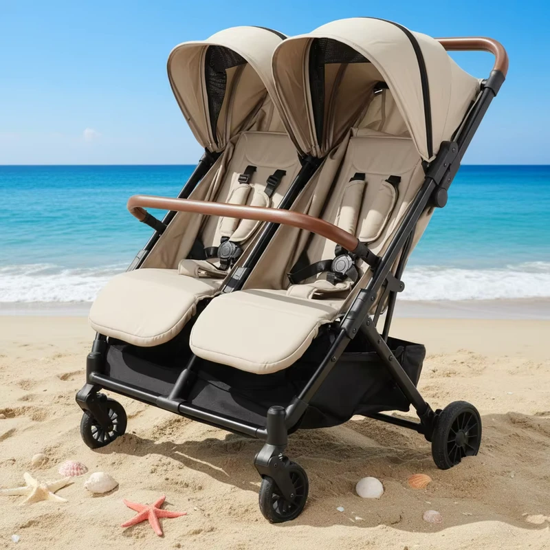 Portable One Key Folding Twin Baby Stroller Lightweight Aluminum Alloy Frame with Fabric Baby Trolley