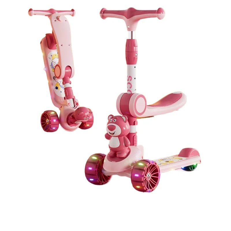 Strawberry Bear Kids Scooter Three-Wheel Children Foot Scooter Child Pedal Kick Scooter for Girl Boy 3 Years