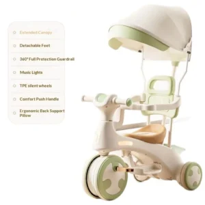 Stylish Children’s Tricycle with Sunshade Suitable for Sitting & Riding Featuring Handlebar Control and Rotatable Pedals