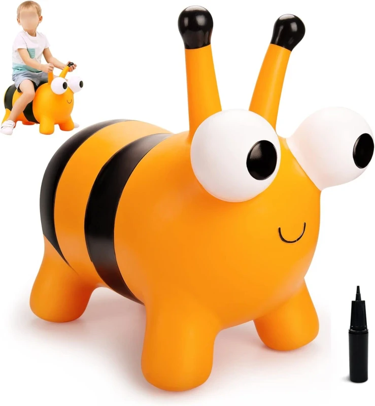 Toddler Bee Inflatable Ride on Bouncy Toy Thick Safe PVC Animal Jumping Hopper with Pump for Indoor Outdoor Kids Play