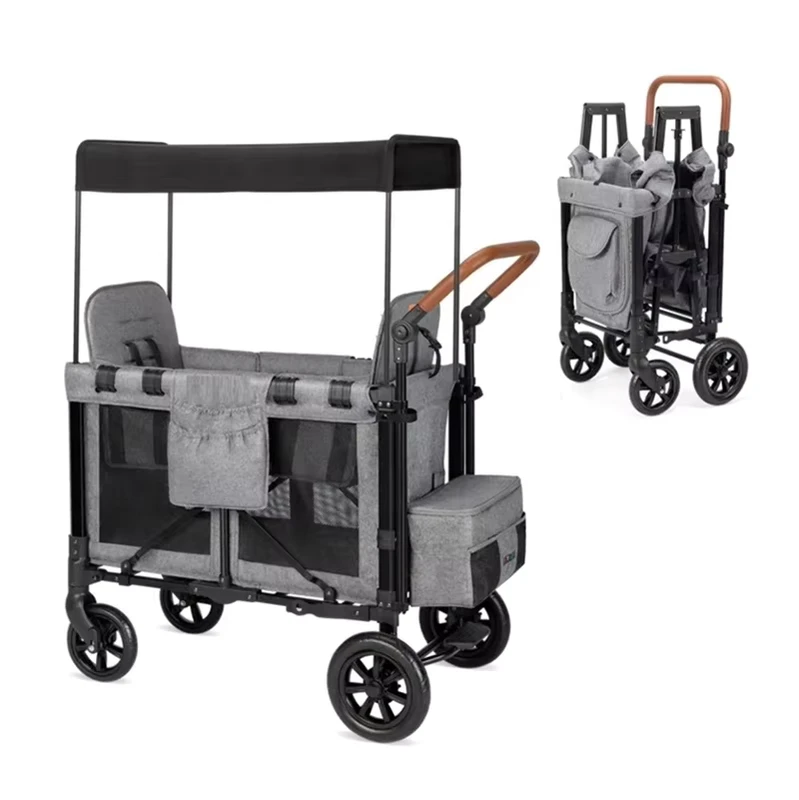 Wagon Stroller for 2 Kids Canopy Seat Belt Adjustable Handle Storage Pockets Foldable Design 20KG Load Capacity for 0-6 Years