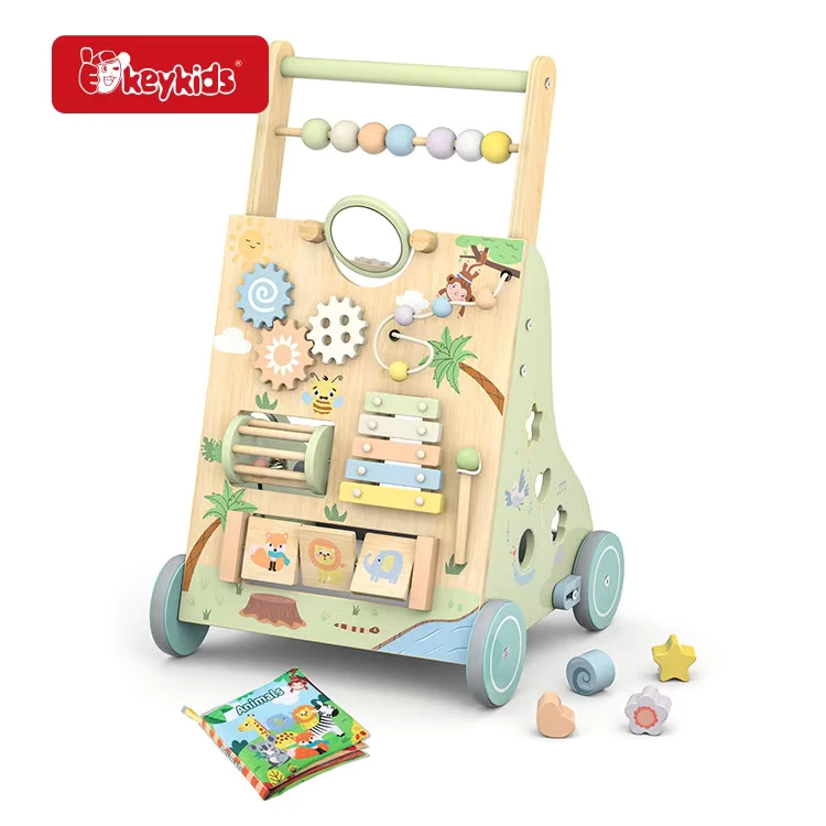 Wooden Baby Walker Activity Center Multifunctional Learning Push Toy with Shape Sorter Abacus and Xylophone for Toddlers