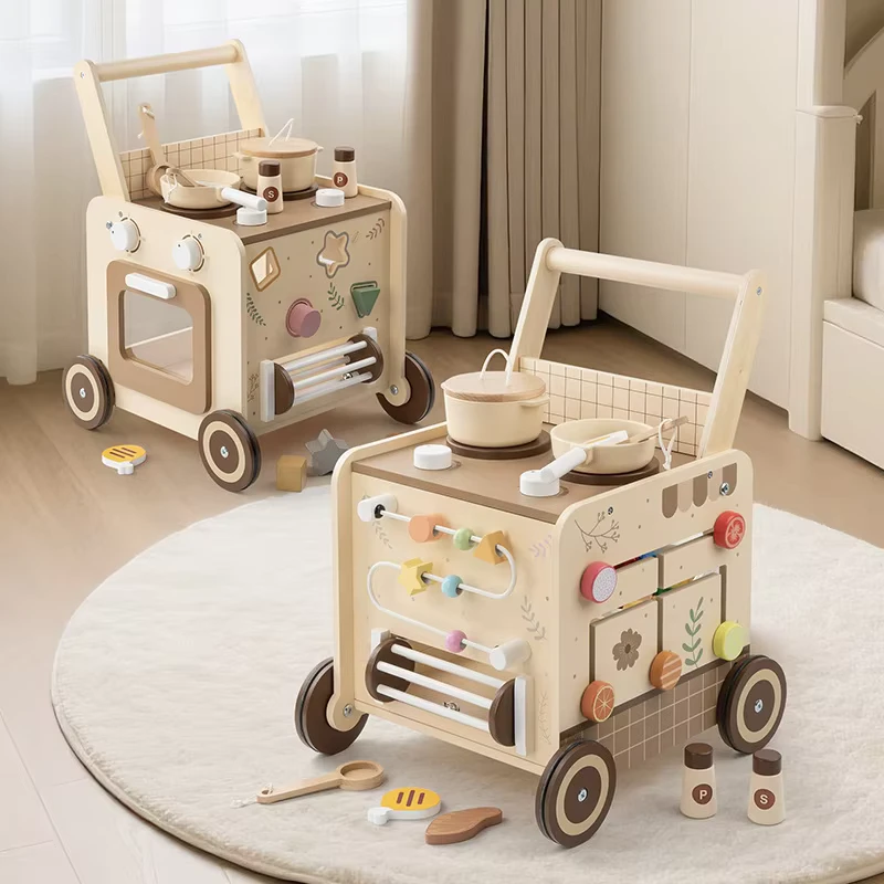 Wooden Multifunctional Beaded Building Block Stroller Young Children Baby Walker Educational Early Education Toy for Kids