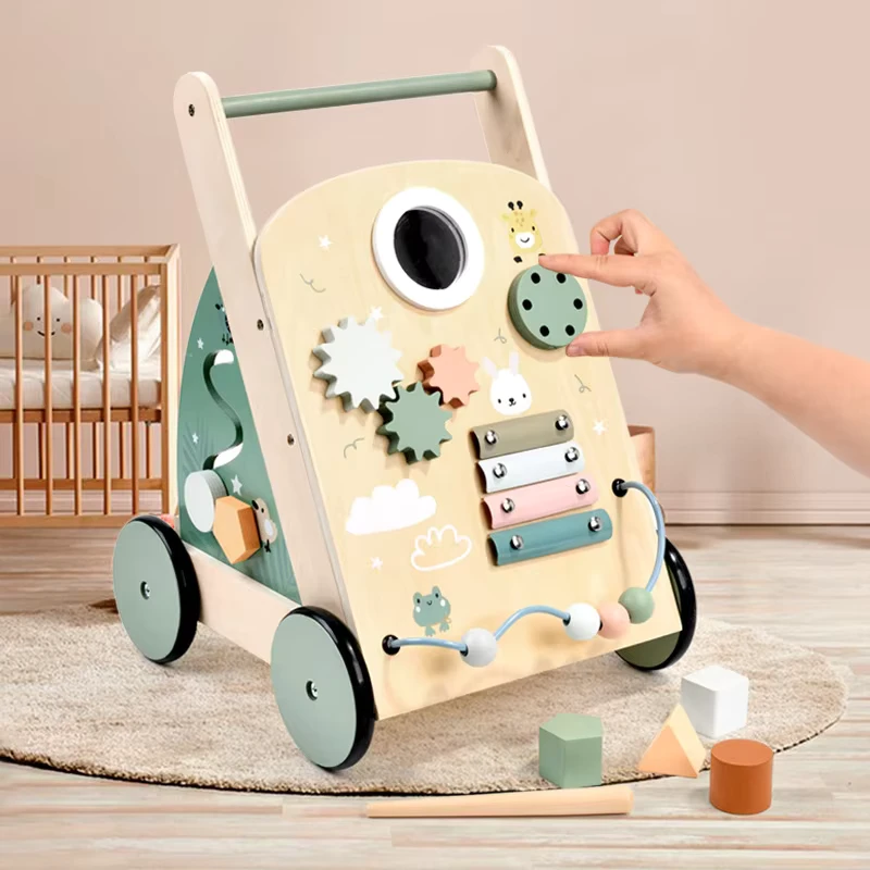 Wooden Percussion Instrument Beads Gears >3 Years Old Multifunctional Baby Walking Shopping Cart Educational Pretend Play Toy